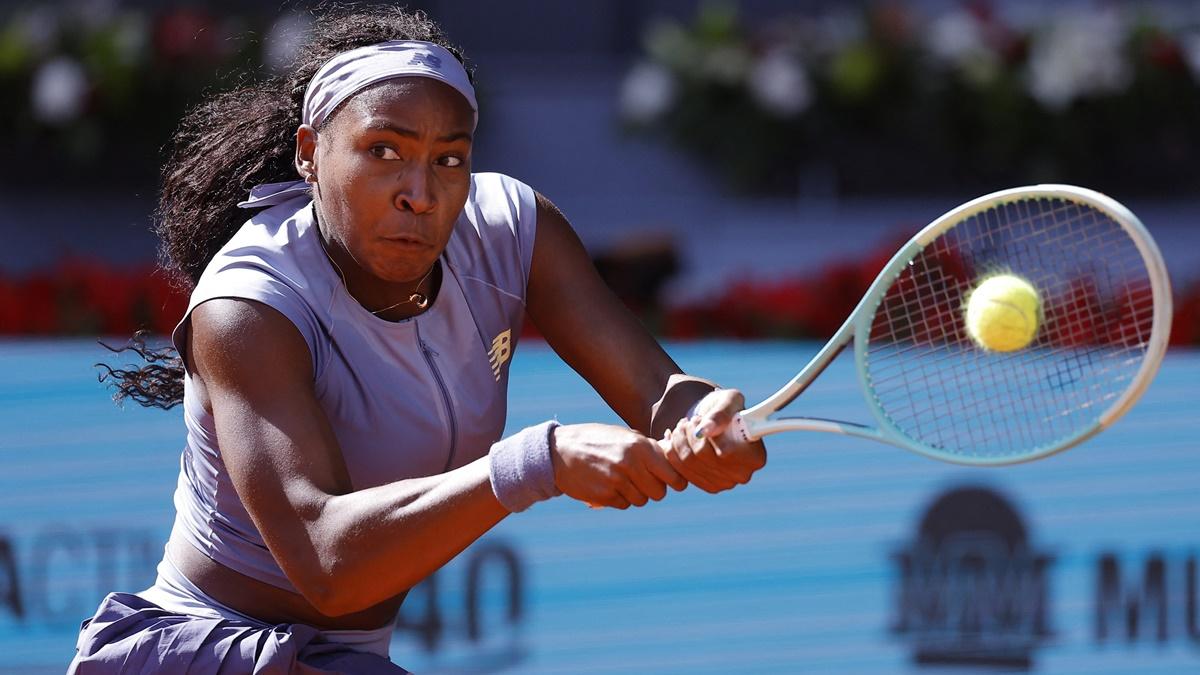 Coco Gauff of the United States in action during the Madrid Open semi-final against Poland's Iga Swiatek, at Park Manzanares, Madrid, Spain, on Thursday