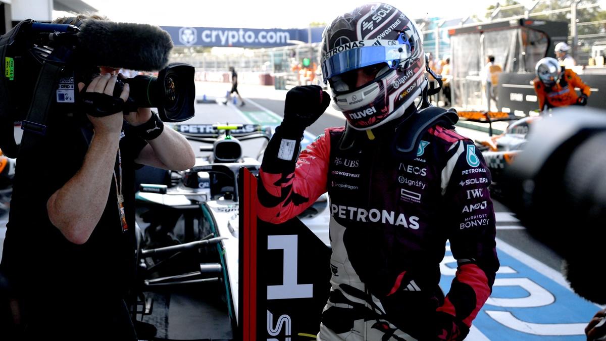 Mercedes' Andrea Kimi Antonelli celebrates after qualifying in pole position for the sprint race in the F1 Miami Grand Prix, at Miami International Autodrome, Miami, Florida, on Friday.