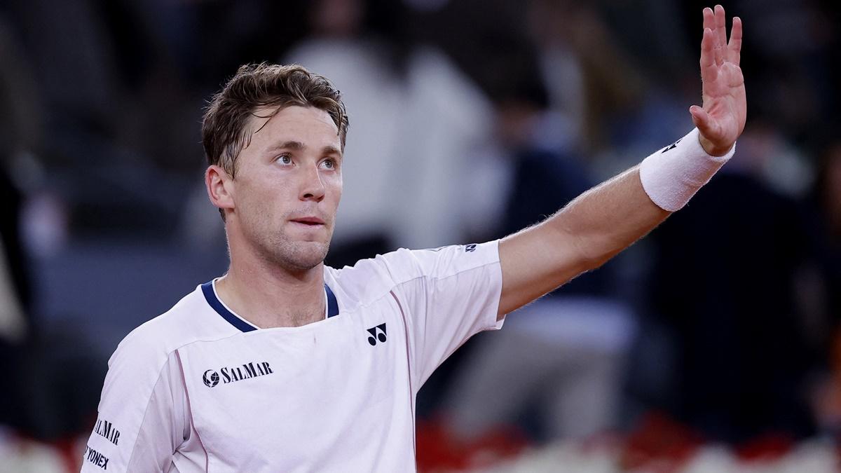 Norway's Casper Ruud celebrates winning his Madrid Open semi-final against Argentina's Francisco Cerundolo at Park Manzanares, Madrid, Spain, on Friday.