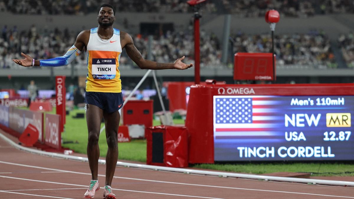Cordell Tinch of the United States celebrates after winning the men's 110m hurdles.