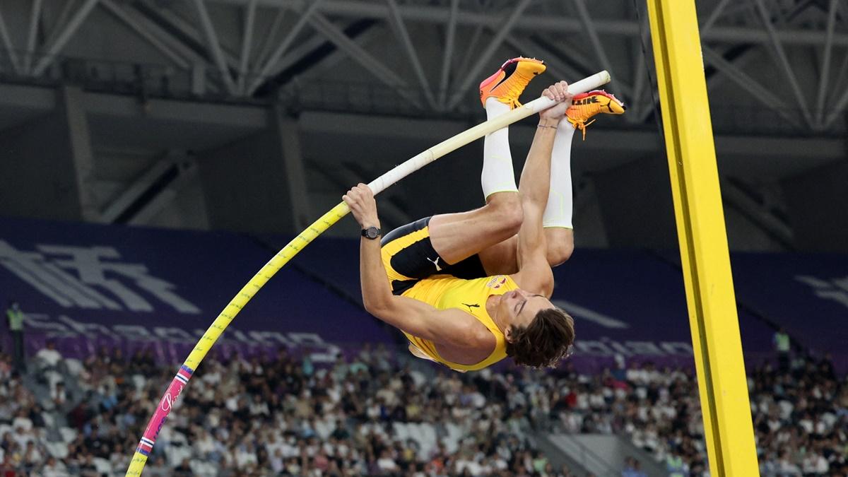 Sweden's Armand Duplantis in action during the men's pole vault final at the Shanghai Diamond League meeting, at Shaoxing China Textile City Sports Centre, Shaoxing, China, on Saturday.