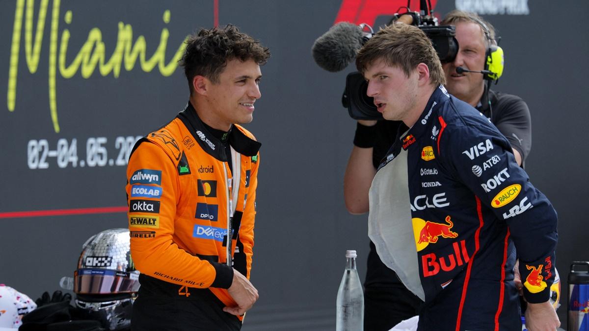 Red Bull's Max Verstappen and McLaren's Lando Norris after qualifying in first and second positions respectively for the Miami Grand Prix at Miami International Autodrome, Miami, Florida, on Saturday.