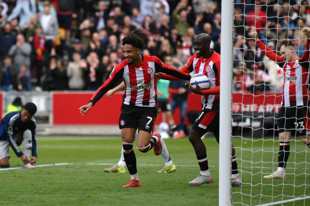 Brentford's Kevin Schade celebrates scoring their third goal against Manchester United at GTech Community Stadium, London, on Sunday