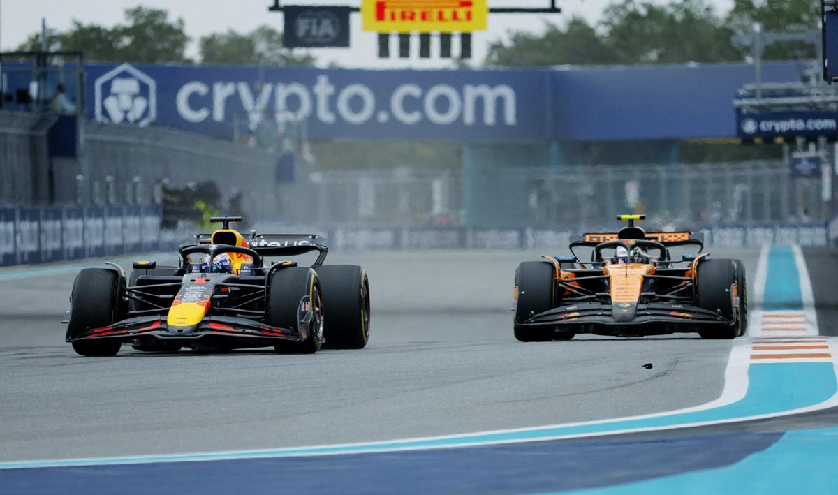 Red Bull's Max Verstappen and McLaren's Lando Norris in action during the race.