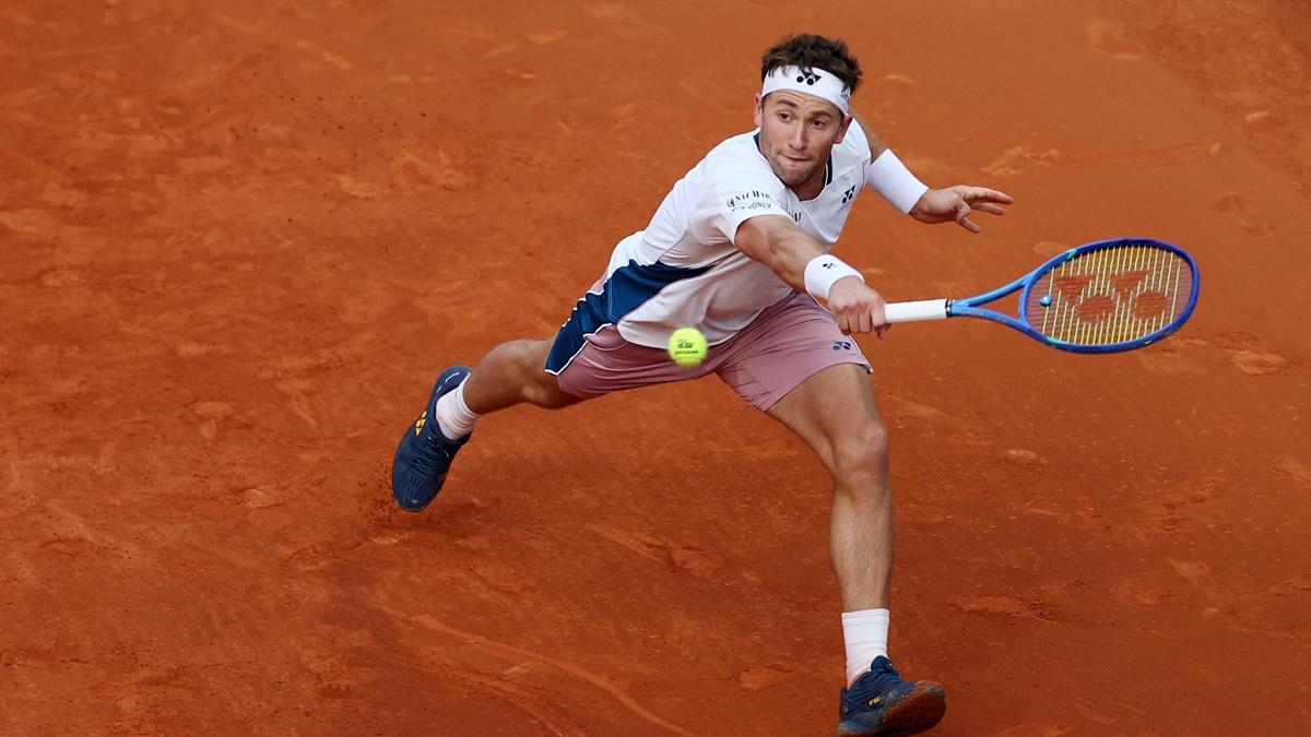 Norway's Casper Ruud in action during the Madrid Open men's singles final against Britain's Jack Draper at Park Manzanares, Madrid, Spain, on Sunday.