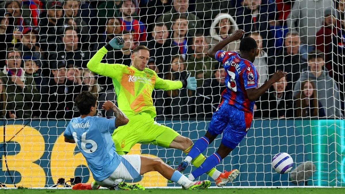 Nottingham Forest goalkeeper Matz Sels brings down Crystal Palace's Tyrick Mitchell and concedes a penalty during the Premier League match at Selhurst Park, London, on Monday.