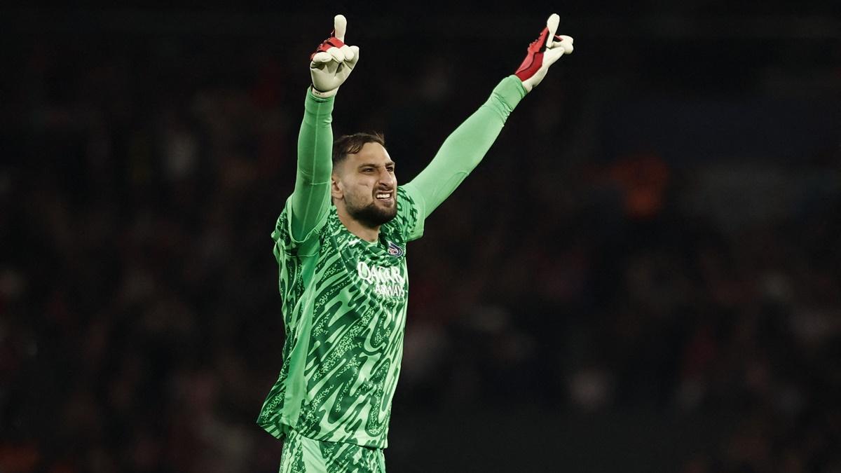 Paris St Germain's goalkeeper Gianluigi Donnarumma celebrates after Achraf Hakimi scores their second goal during the Champions League semi-final second leg against Arsenal at Parc des Princes, Paris, on Wednesday.