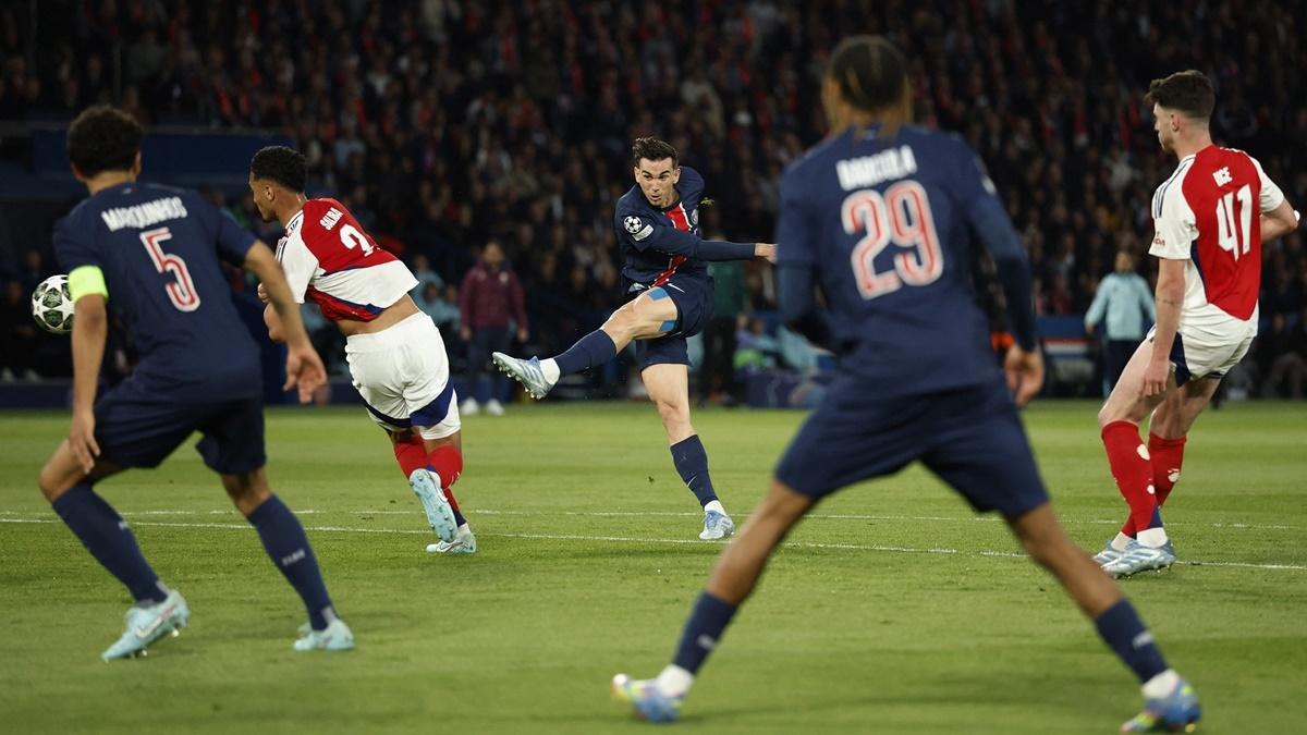 Fabian Ruiz scores Paris St Germain's first goal during the Champions League semi-final second leg against Arsenal at Parc des Princes, Paris, France, on Wednesday.