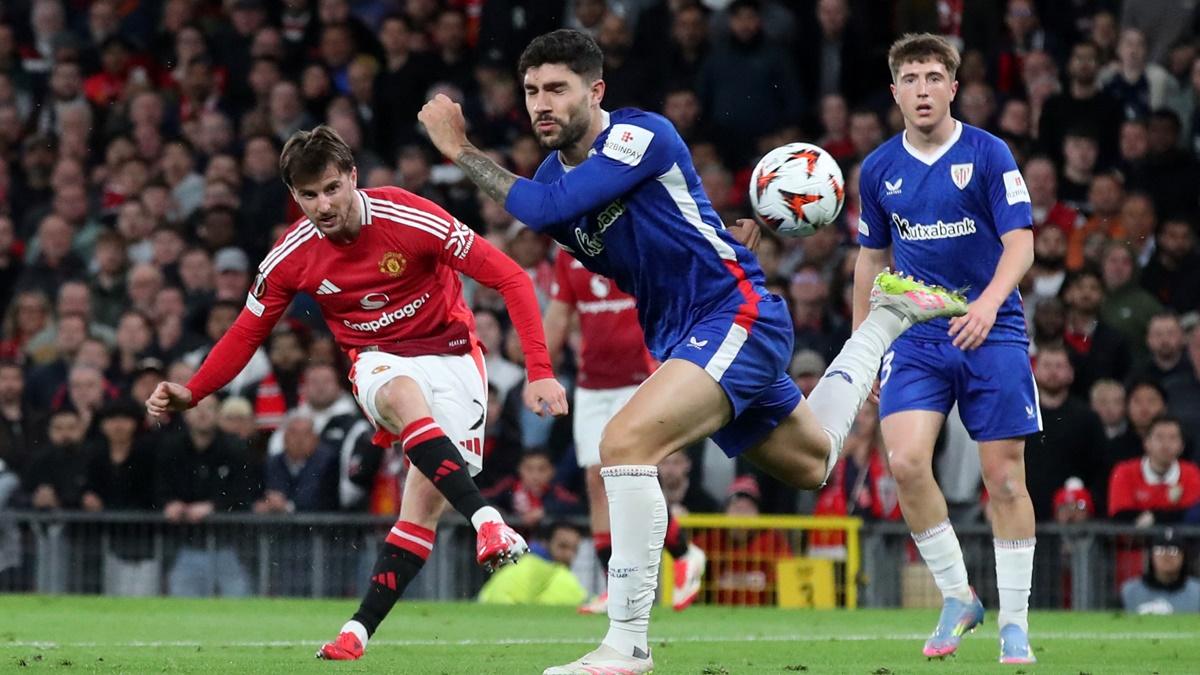 Mason Mount scores Manchester United's first goal during the Europa League semi-final second leg against Athletic Bilbao, at Old Trafford, Manchester, on Thursday.