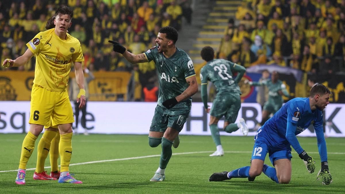 Dominic Solanke breaks into celebration after scoring Tottenham Hotspur's first goal against Bodo/Glimt at Aspmyra Stadion, Bodo, Norway.