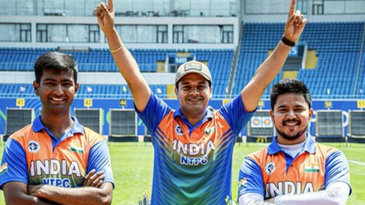India's archers Abhishek Verma, Rishabh Yadav and Ojas Deotale 