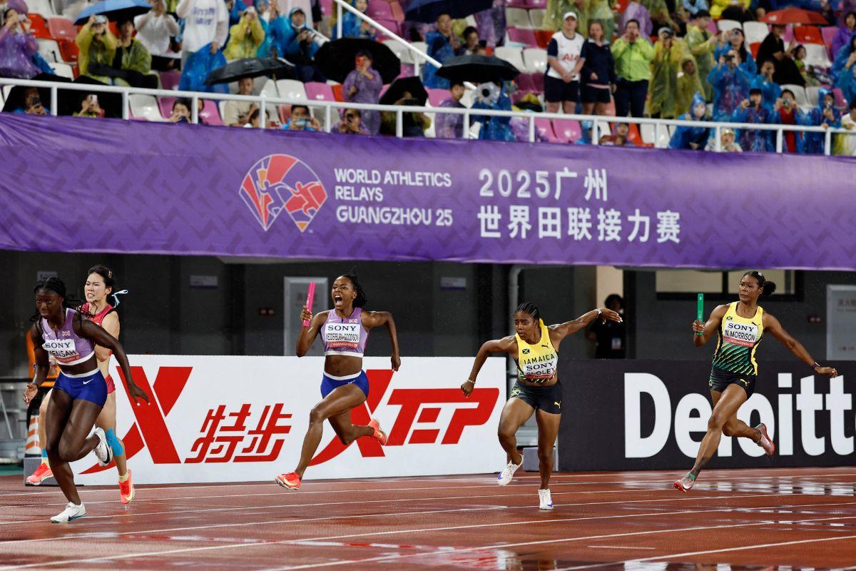 Jamaica's Natasha Morrison and Krystal Sloley, Britain's Nia Wedderburn-Goodison and Kissiwaa Mensah in action during the mixed 4x100 metres relay heat 2 at the World Athletics Relays 2025 - Guangdong Olympic Stadium, Guangzhou, China on Saturday 
