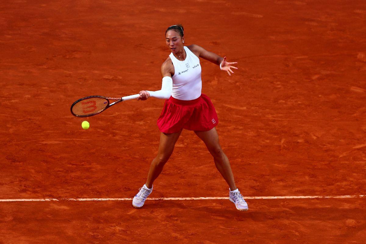 China's Qinwen Zheng in action during her quarter final match against Belarus' Aryna Sabalenka