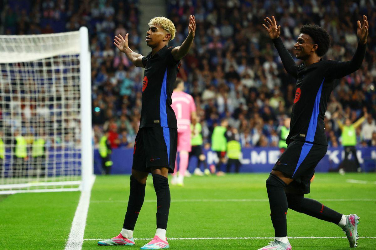 FC Barcelona's Lamine Yamal celebrates scoring their first goal against Espanyol on Thursday
