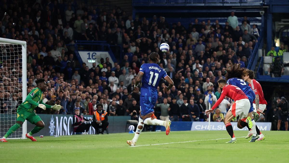 Marc Cucurella heads the ball into the Manchester United goal to seal victory for Chelsea in the Premier League match at Stamford Bridge, London, on Saturday.