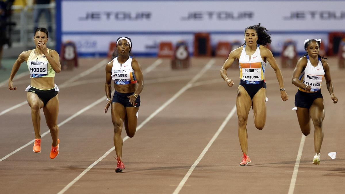 New Zealand's Zoe Hobbs, Jamaica's Shelly-Ann Fraser-Pryce, Switzerland's Mujinga Kambundji and Jamaica's Tia Clayton in action during the women's 100m at the Doha Diamond League meet at Qatar Sports Club stadium, on Friday.