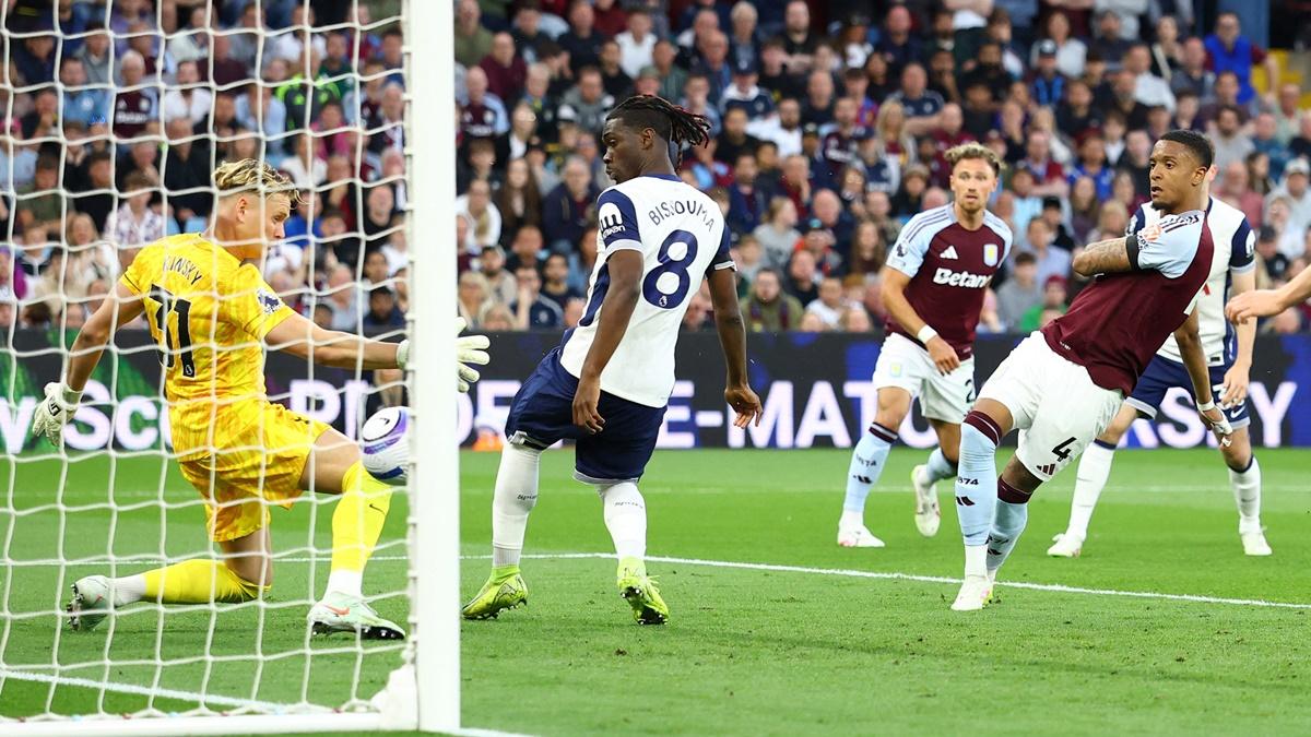 Ezri Konsa scores Aston Villa's first goal against Tottenham Hotspur at Villa Park, Birmingham.