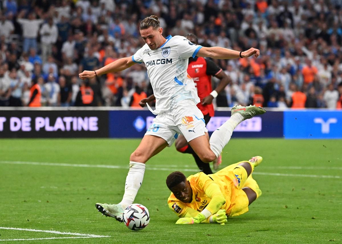 Adrien Rabiot scores Olympique de Marseille's fourth goal against Stade Rennes at Orange Velodrome, Marseille.