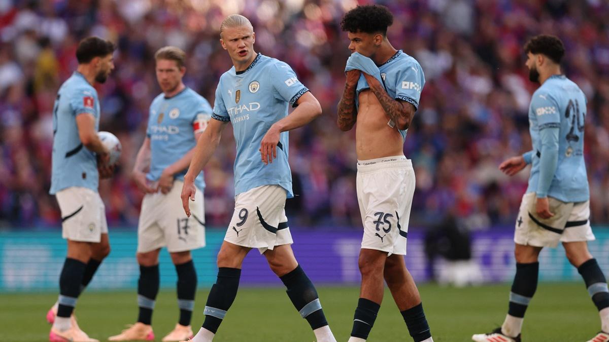 Erling Haaland reacts as he and his Manchester City teammates walk off the field after the FA Cup final against Crystal Palace at Wembley Stadium, London, on Saturday.