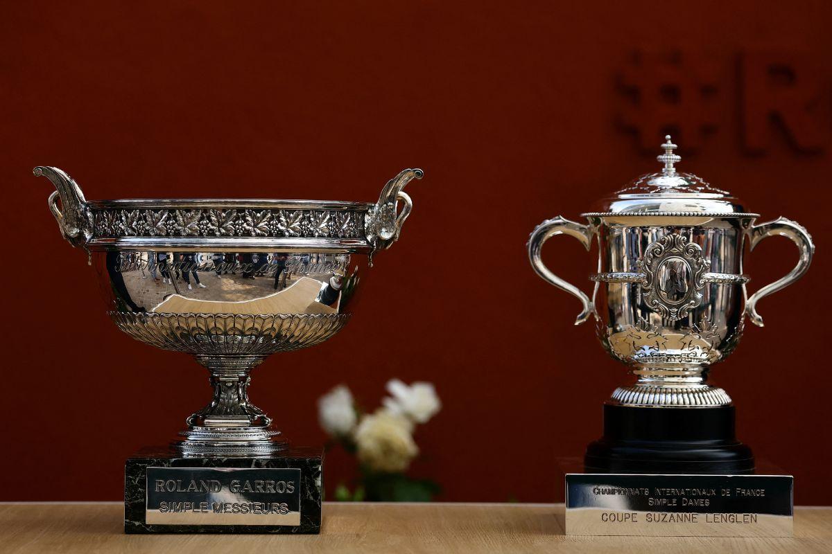 La Coupe des Mousquetaires (The Musketeers' Cup) men's winner trophy and the Suzanne-Lenglen cup women's winner trophy are seen ahead of the French Open tennis tournament