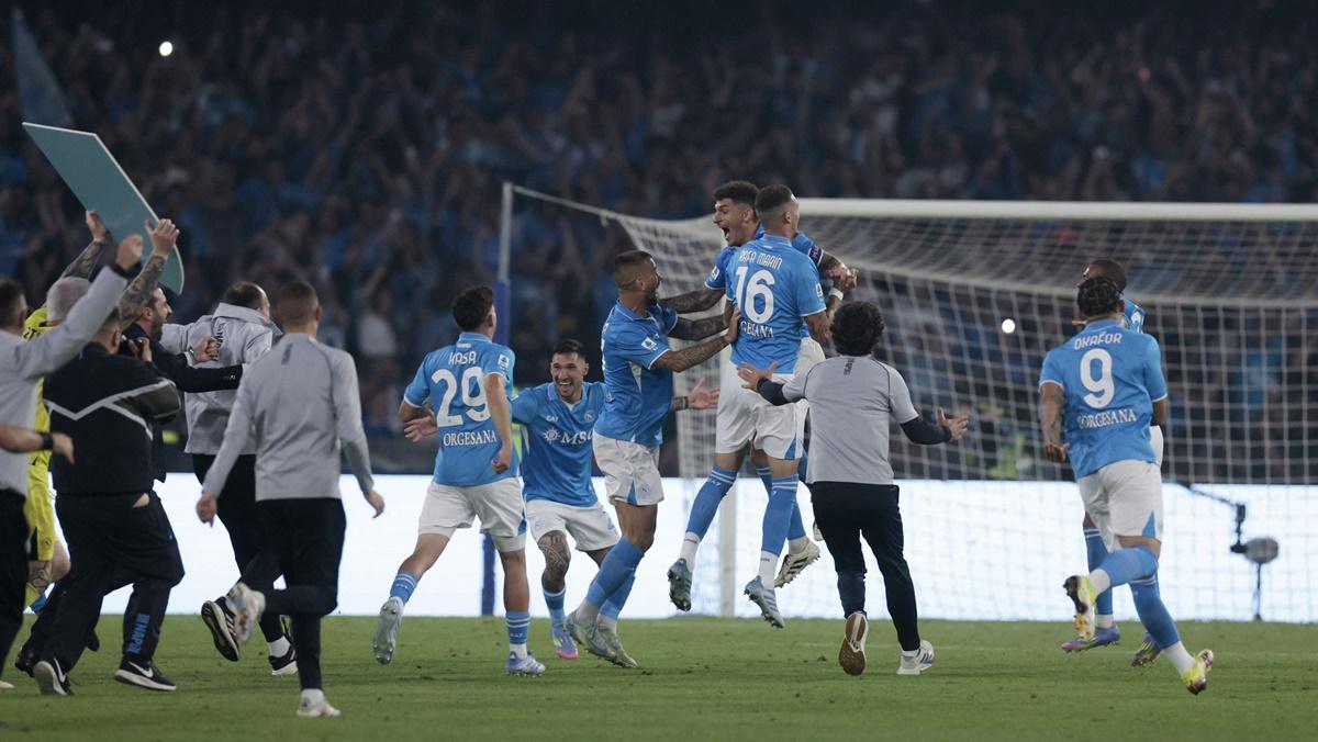 Napoli's Giovanni Di Lorenzo, Rafa Marin and teammates celebrate winning Serie A title after victory over Cagliari at the Stadio Diego Armando Maradona, Naples, Italy, on Friday.