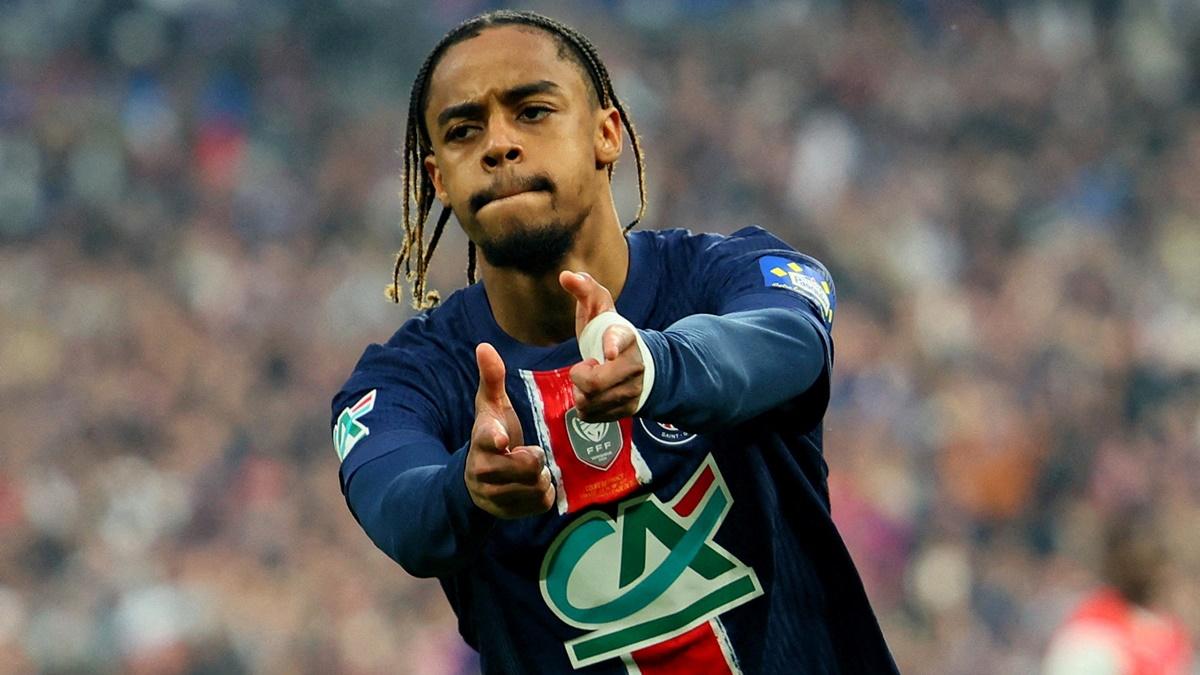 Bradley Barcola celebrates scoring Paris St Germain's first goal in the final.