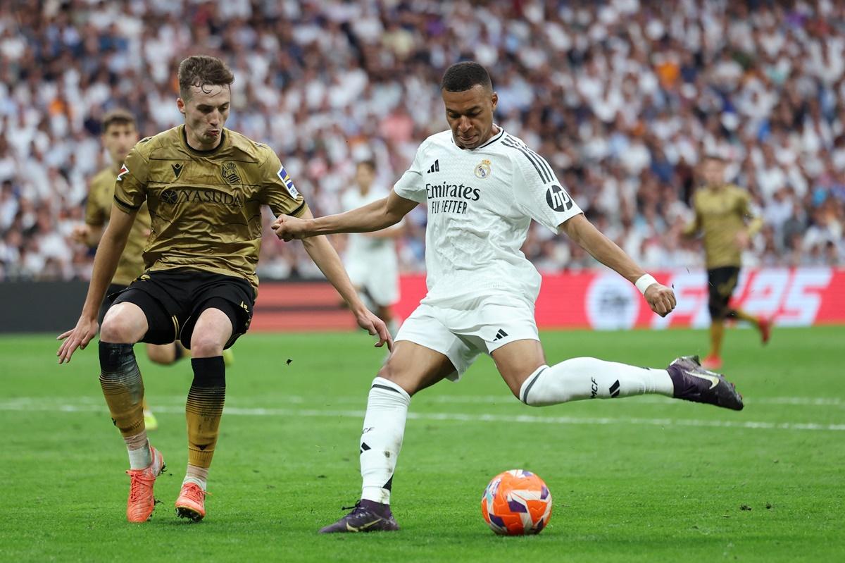 Kylian Mbappe scores Real Madrid's second goal during the LaLiga match against Real Sociedad at Santiago Bernabeu.