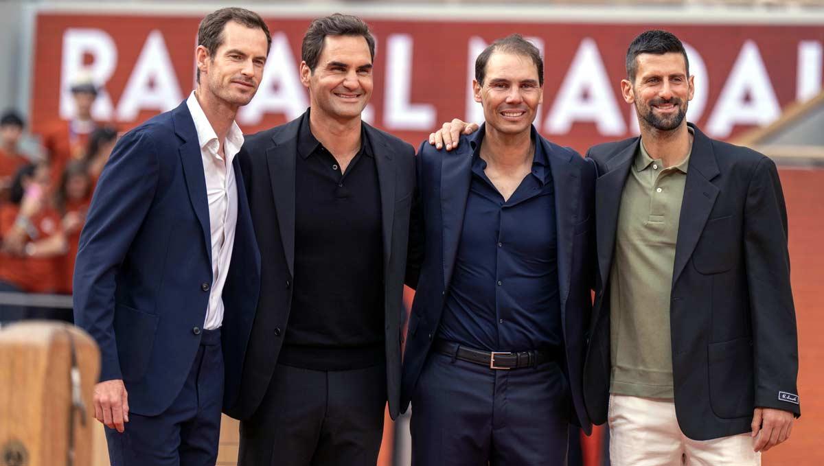 Roger Federer, Novak Djokovic and Andy Murray with Rafael Nadal