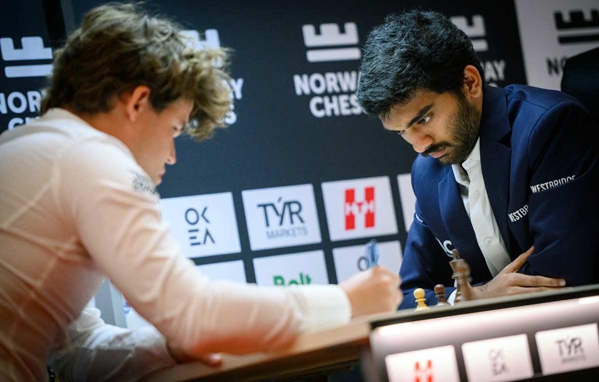 D Gukesh in action against Magnus Carlsen