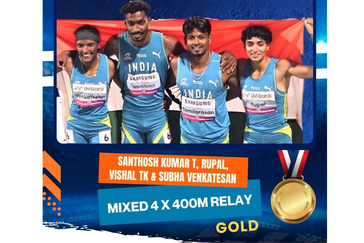 The Indian quartet of Rupal Chaudhary, Santhosh Kumar, Vishal TK and Subha Venkatesan won the top honours with a timing of 3:18.12sec. 