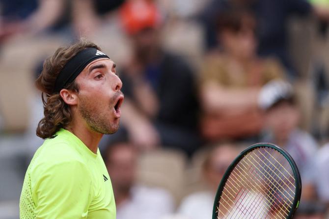 Greece's Stefanos Tsitsipas reacts during his second round match against Italy's Matteo Gigante