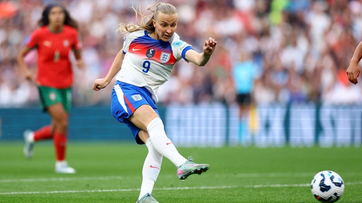 Agnes Beever-Jones scores England's first goal in the wommen's Nations League A match against Portugal at Wembley stadium, London, on Friday.