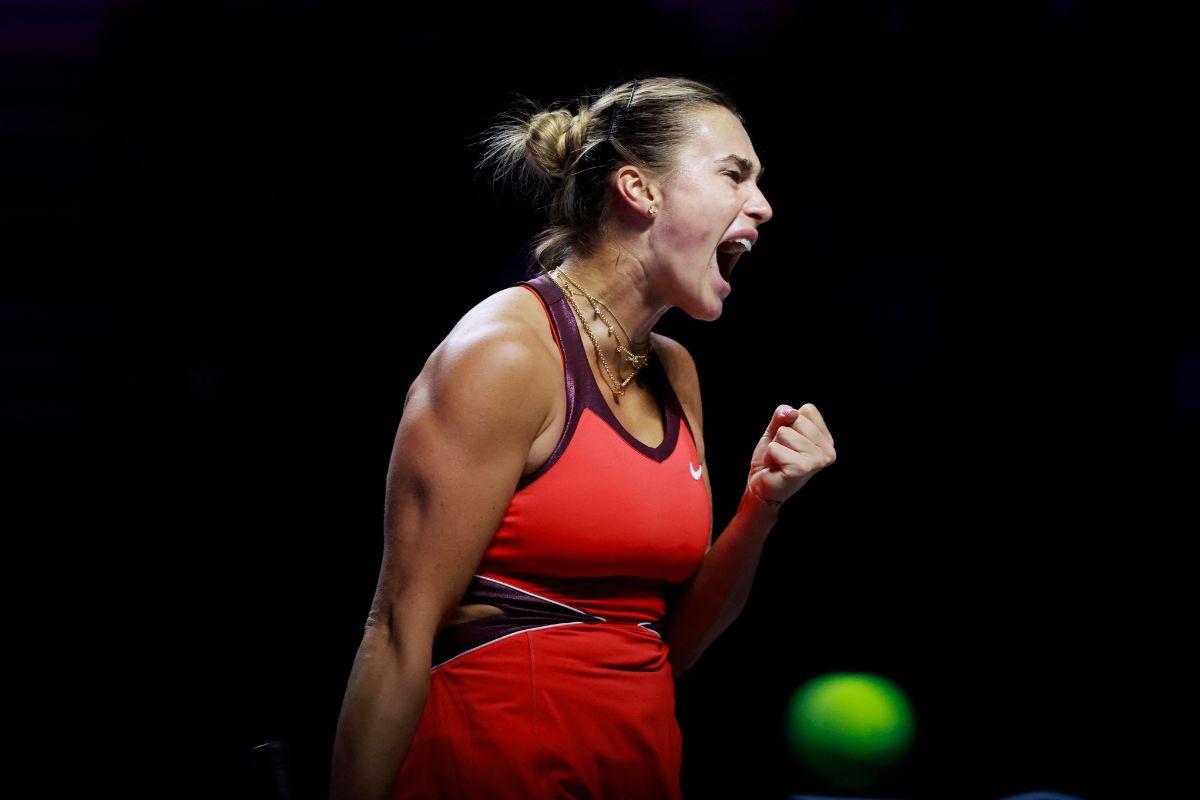 Belarus' Aryna Sabalenka reacts during her group stage match against Coco Gauff of the US during their WTA Finals match at King Saud University Indoor Arena, Riyadh, Saudi Arabia on Thursday