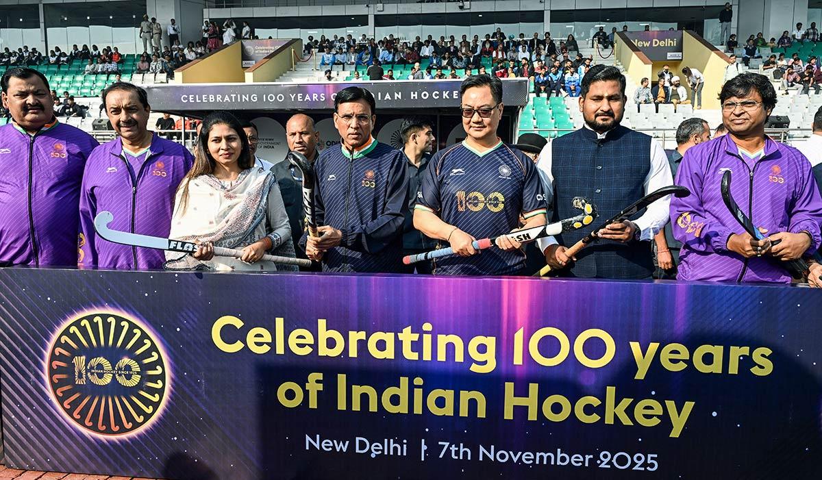 Union Minister Mansukh Mandaviya with Union Minister of Parliamentary Affairs Kiren Rijiju and others during an event