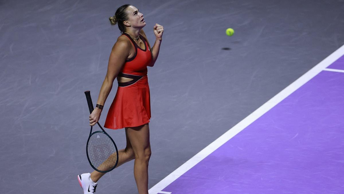 Belarus's Aryna Sabalenka celebrates victory over Amanda Anisimova of the United States in the WTA Finals semi-finals, at King Saud University Indoor Arena, Riyadh, Saudi Arabia, on Friday.
