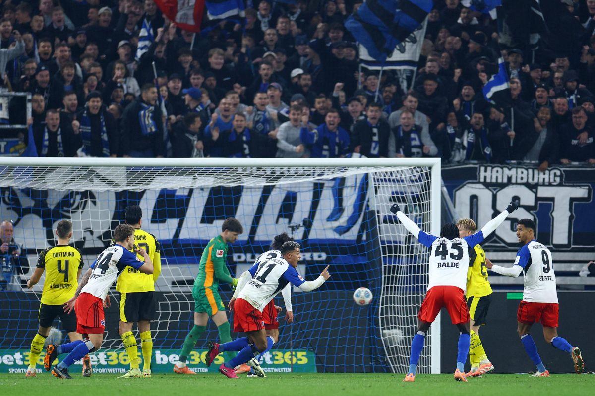 Hamburg SV's Ransford-Yeboah Konigsdorffer celebrates scoring their first goal against Borussia Dortmund at Volksparkstadion, Hamburg, Germany