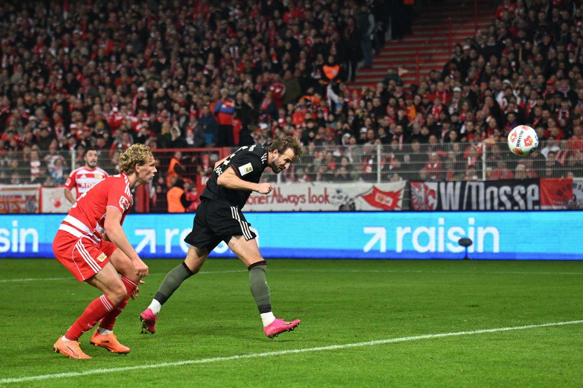 Bayern Munich's Harry Kane scores their second goal against FC Union Berlin at Stadion An der Alten Forsterei, Berlin, Germany