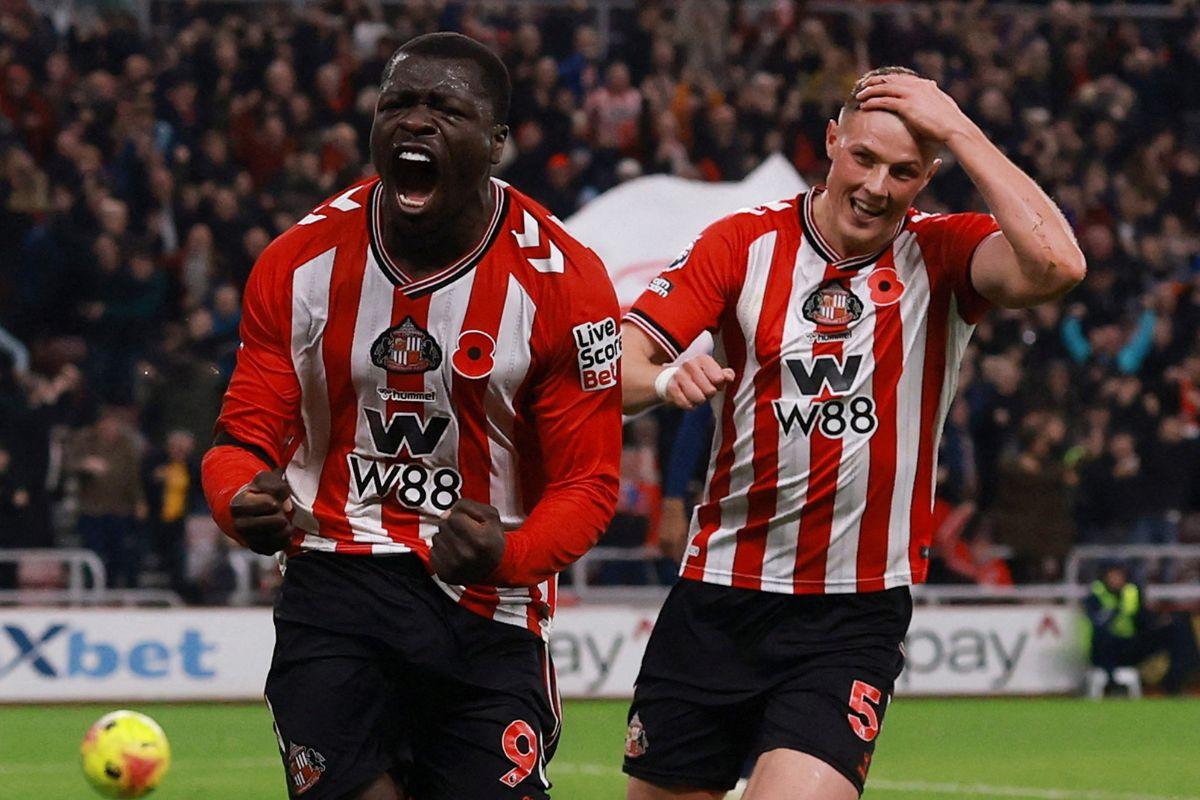 Sunderland's Brian Brobbey celebrates with Daniel Ballard on scoring their second goal against Arsenal at Stadium of Light, Sunderland, Britain