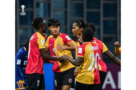 East Bengal players celebrate a goal against Bam Khatoon in their Asian Champions League match in Wuhan, China, on Monday