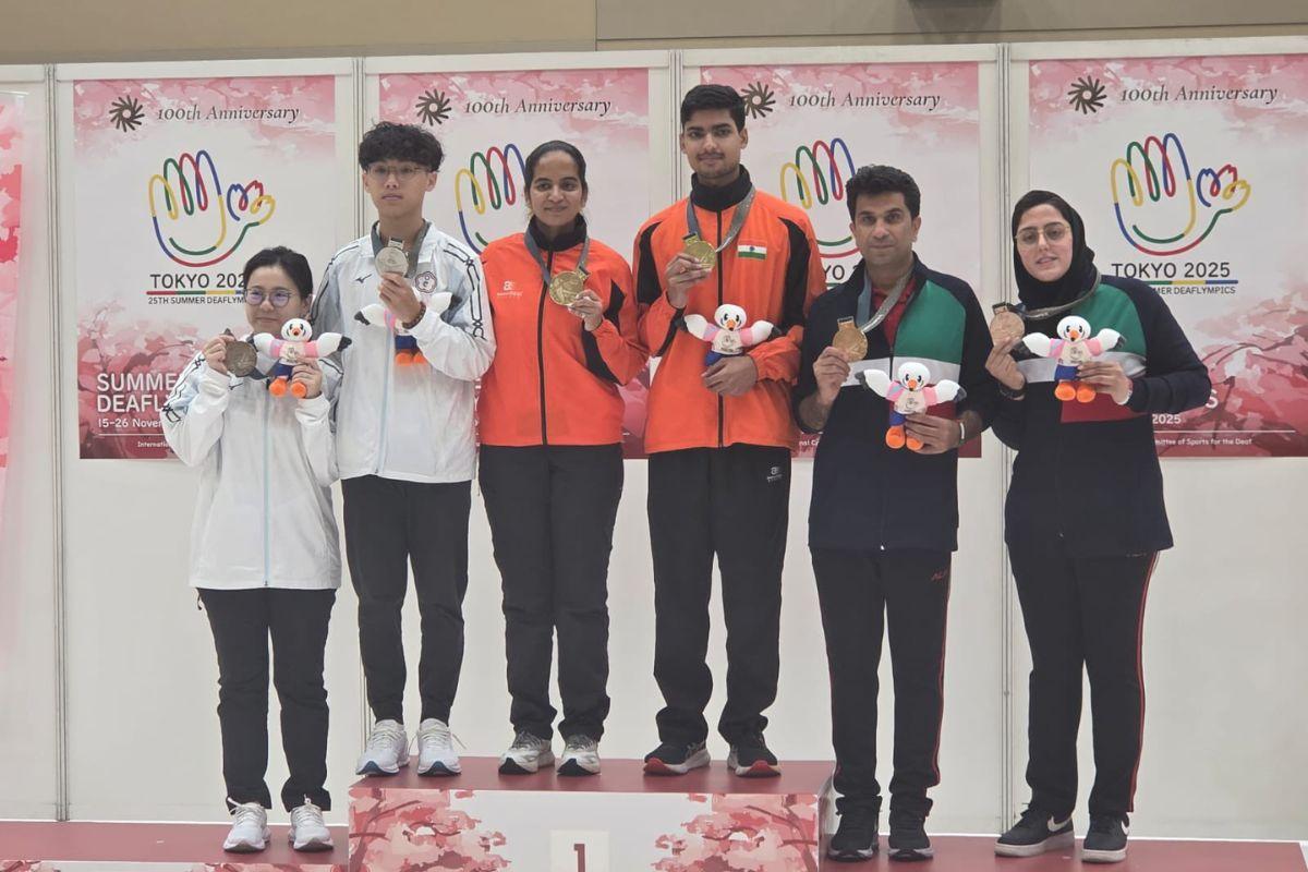 India's Pranjali Dhumal/Abhinav Deshwal atop the podium after taking gold in the 10m air pistol event at the Tokyo 2025 Deaflympics with a 16-6 win over Chinese Taipei, who took the silver. Iran won the bronze