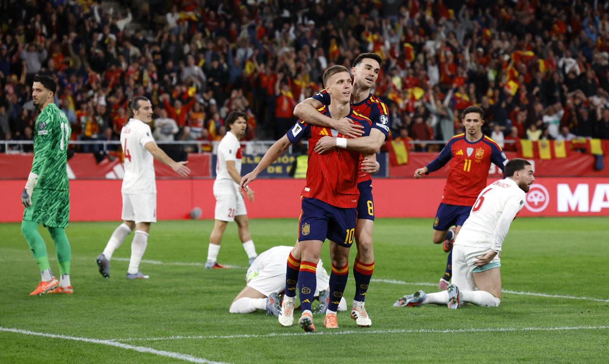 Dani Olmo celebrates scoring Spain's first goal Dani Olmo celebrates scoring Spain's first goal