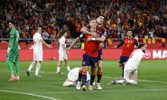 Dani Olmo celebrates scoring Spain's first goal Dani Olmo celebrates scoring Spain's first goal