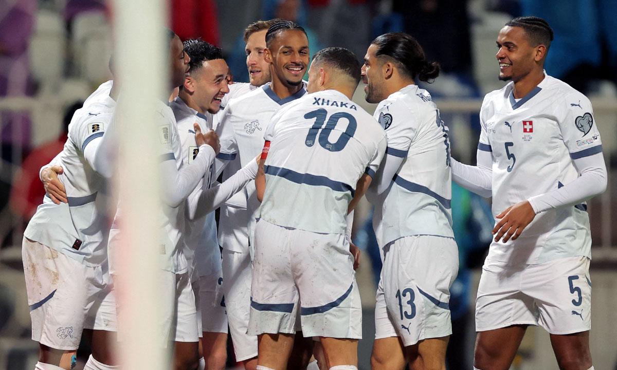 Ruben Vargas celebrates scoring Switzerland's first goal Ruben Vargas celebrates scoring Switzerland's first goal