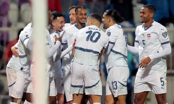 Ruben Vargas celebrates scoring Switzerland's first goal Ruben Vargas celebrates scoring Switzerland's first goal