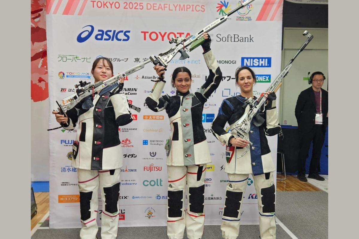 South Korea’s Deong Jain (silver), India’s Mahit Sandhu (gold) and Hungary’s Mira Zsuzsanna Biatovszki (bronze) on the victory podium after the women's 50m Rifle 3 Positions event at the Summer Deaflympics, in Tokyo, on Saturday.