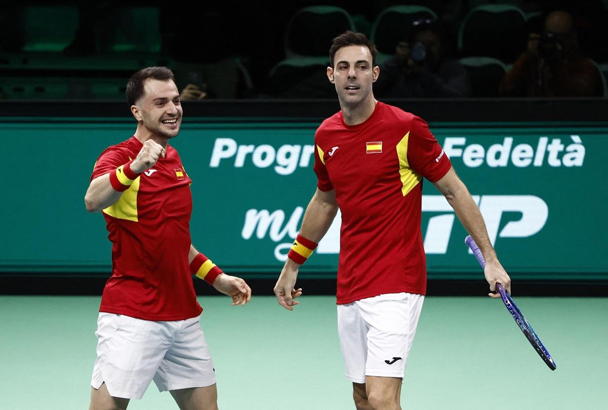 Spain's Pedro Martinez and Marcel Granollers celebrate winning the doubles match against Germany's Tim Puetz and Kevin Krawietz in the Davis Cup semi-final at SuperTennis Arena, Bologna, Italy, on Saturday.