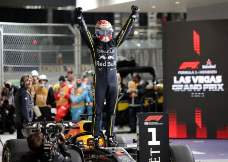 Red Bull's Max Verstappen celebrates winning the Formula One Las Vegas Grand Prix at Las Vegas Strip Circuit, Las Vegas, Nevada, on Saturday.