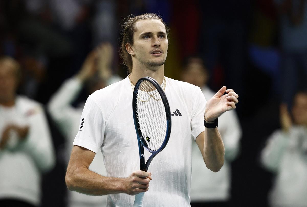 Germany's Alexander Zverev celebrates winning his singles match against Spain's Jaume Munar.
