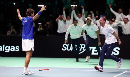 Italy's Flavio Cobolli celebrates Italy's Flavio Cobolli celebrates