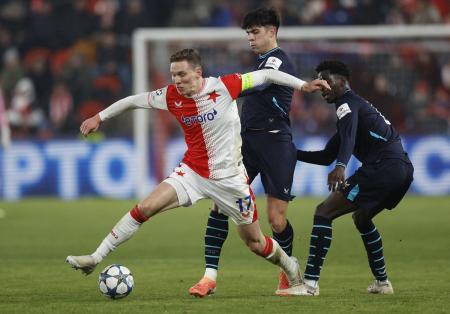 Athletic Bilbao's Adama Boiro and Alejandro Rego in action with Slavia Prague's Lukas Provod during the match at Fortuna Arena, Prague, Czech Republic.